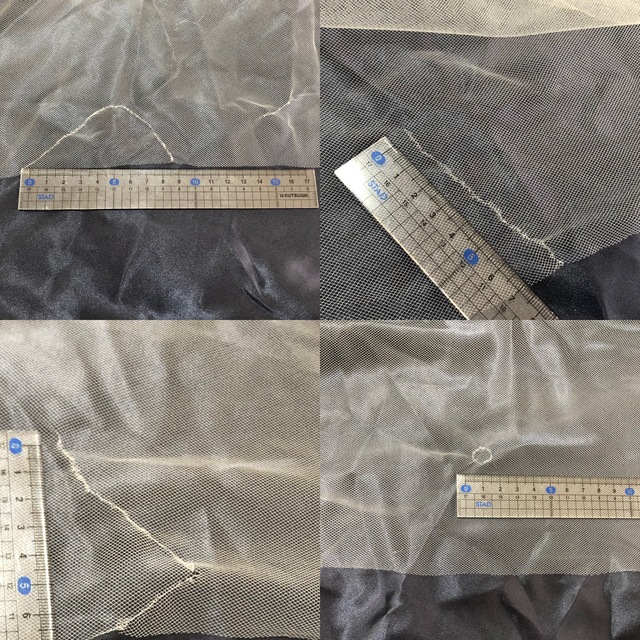 一枚目の補修跡です(内側の見えない場所にも数か所あり)。裾から5センチ位の場所までの破れですので緩やかに裾をカットして補修跡をなくす方法も可能ですが、目立つ場所ではないので補修式で対応しています。